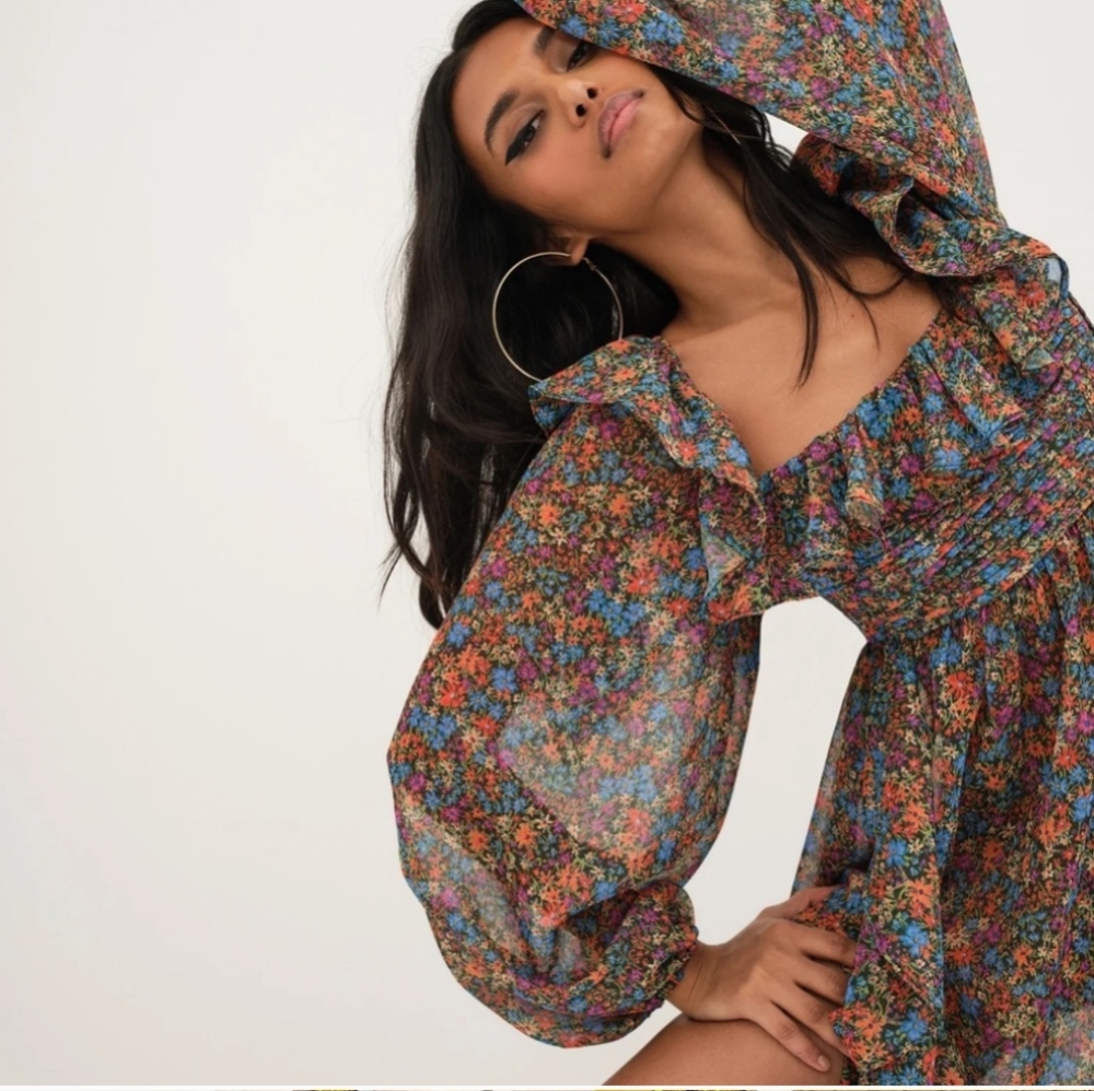 NWT For Love & Lemons Women's Brittany Floral Print Long Sleeve Midi Dress - Picture 4 of 5